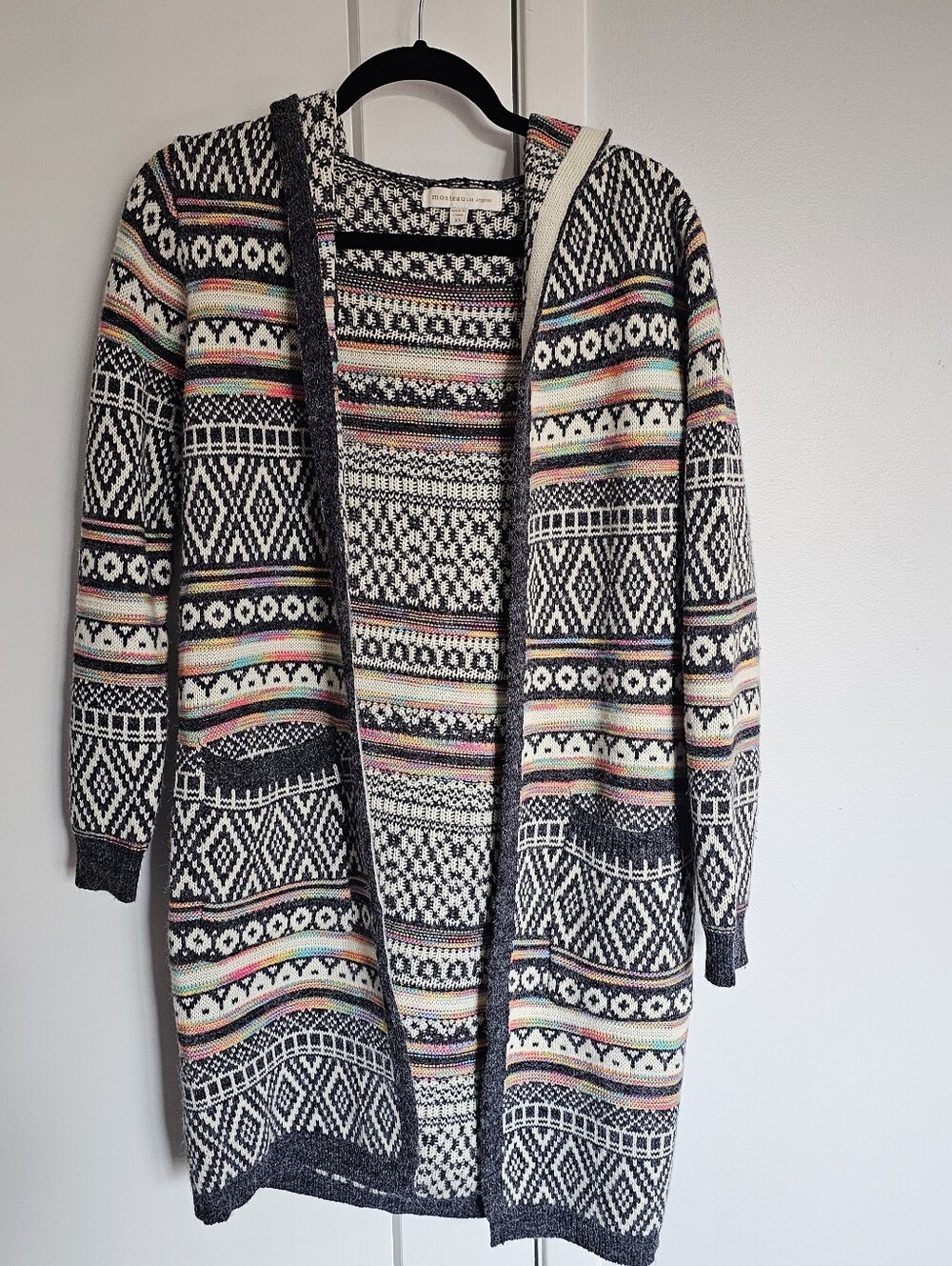 Monteau Womens XS Aztec Western Long Hooded Sweater Cardigan with Pockets!
